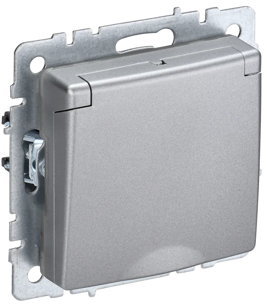 BRITE Розетка 1-местная с заземлением с защитными шторками и крышкой 16А IP20 РСбш10-3-БрА алюминий IEK