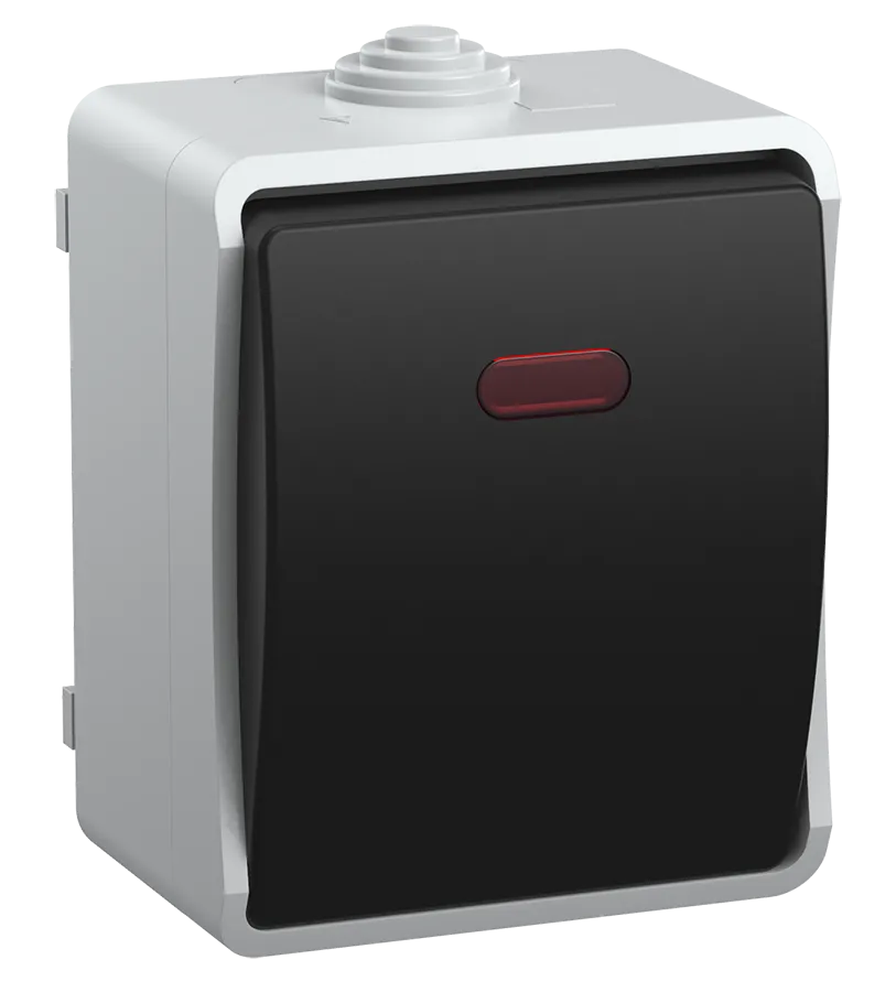 FORS Выключатель 1-клавишный проходной с индикацией для открытой установки 10А IP54 ВС20-1-1-ФСр серый IEK