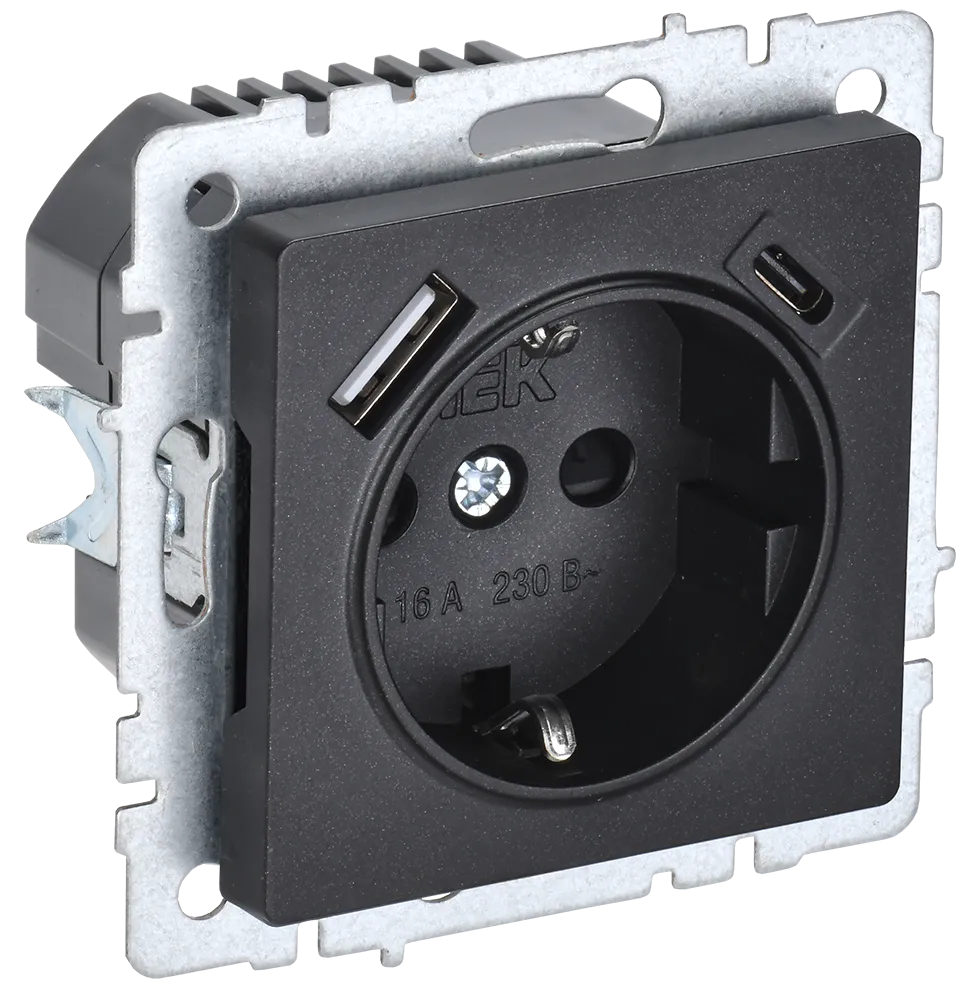 BRITE Розетка 1-местная с заземлением с защитными шторками 16А с USB A+C 18Вт РЮш11-1-БрЧ черный IEK