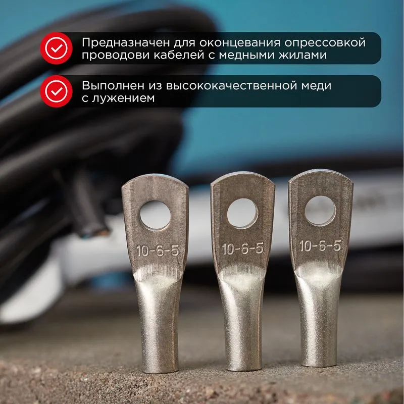 Наконечник медный луженый ТМЛ 10-6-5 (10мм² - Ø6мм) ГОСТ 7386-80 (в упак. 100 шт.) REXANT - Фото 2