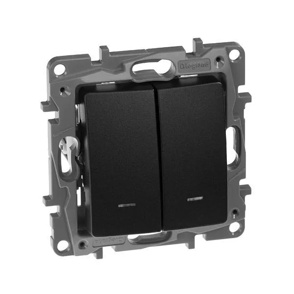 ETIKA Выключатель 2-клавишный с подсветкой/индикацией схема 5L 10АХ безвинтовые зажимы антрацит