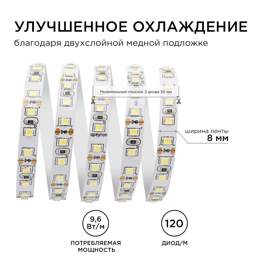 Лента светодиодная СТ smd3528 120д/м 12В 4000К IP20 5м Apeyron - Фото 5