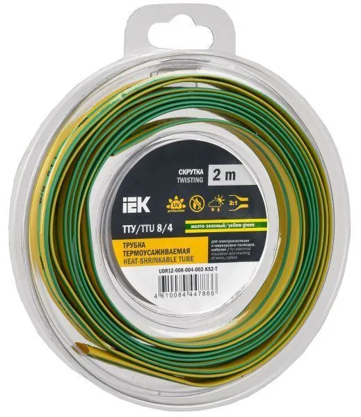 Трубка термоусадочная ТТУ нг-LS 8/4 желто-зеленая (2м/упак) IEK UDR12-008-004-002-K52-T