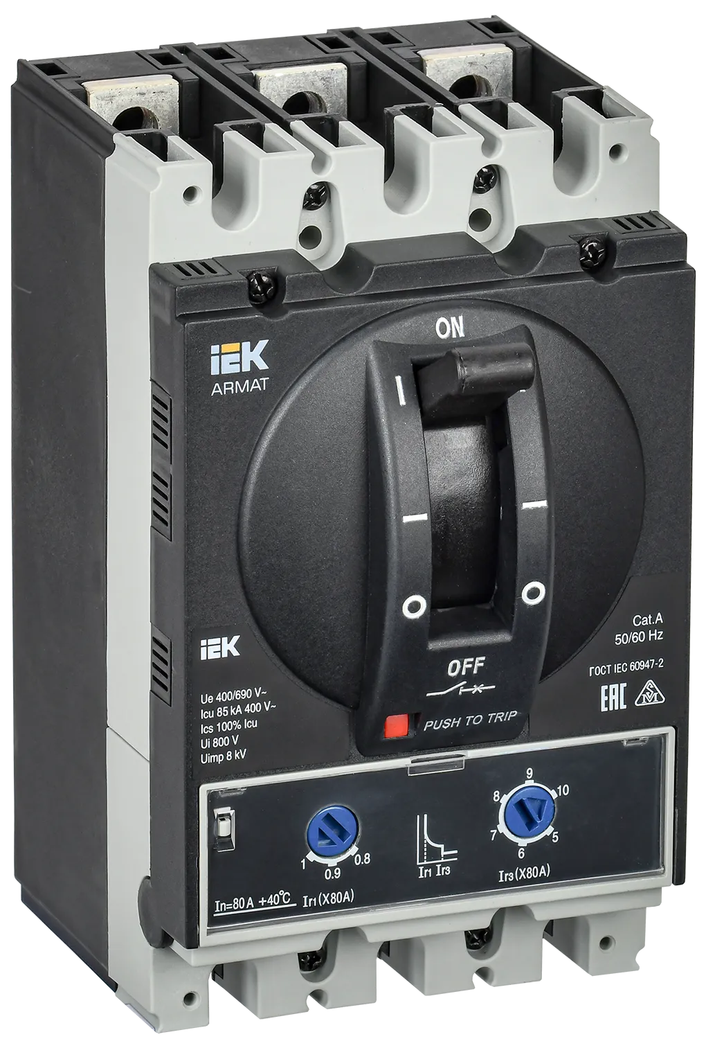 ARMAT Автоматический выключатель в литом корпусе 3P типоразмер A 85кА 80А расцепитель термомагнитный регулируемый IEK AR-MCCB-3A-085-0080A-ATUC
