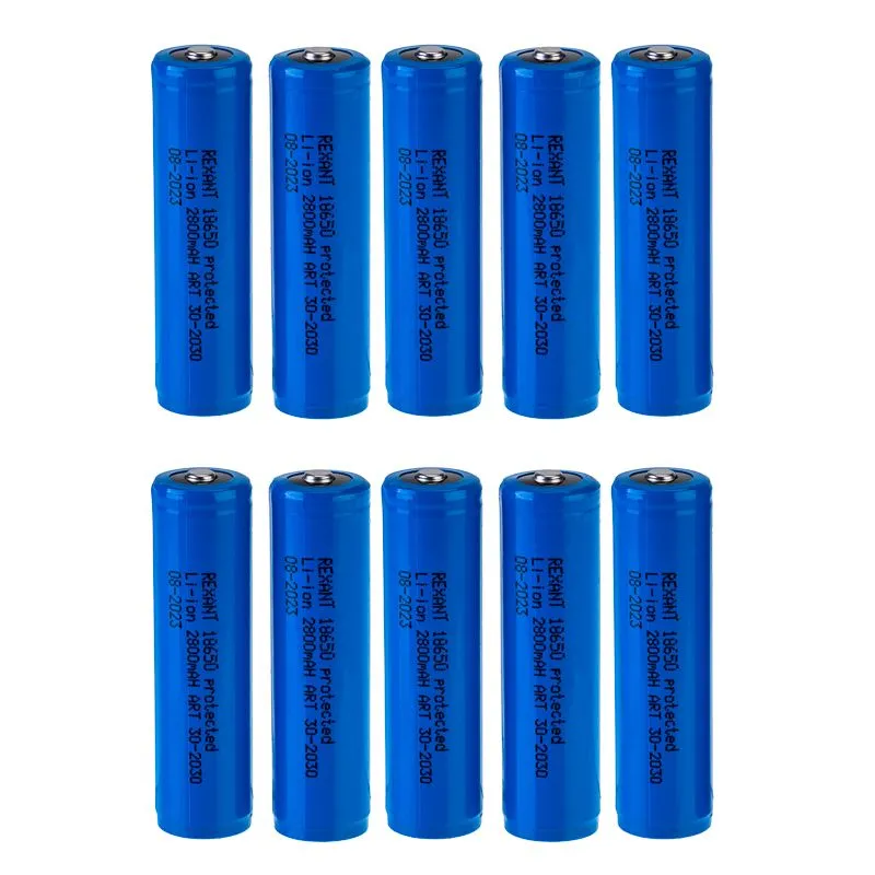 Аккумулятор Li-ion 18650, 3,7В, 2800мАч, с платой защиты, высокий контакт, 10 шт, коробка REXANT - Фото 2