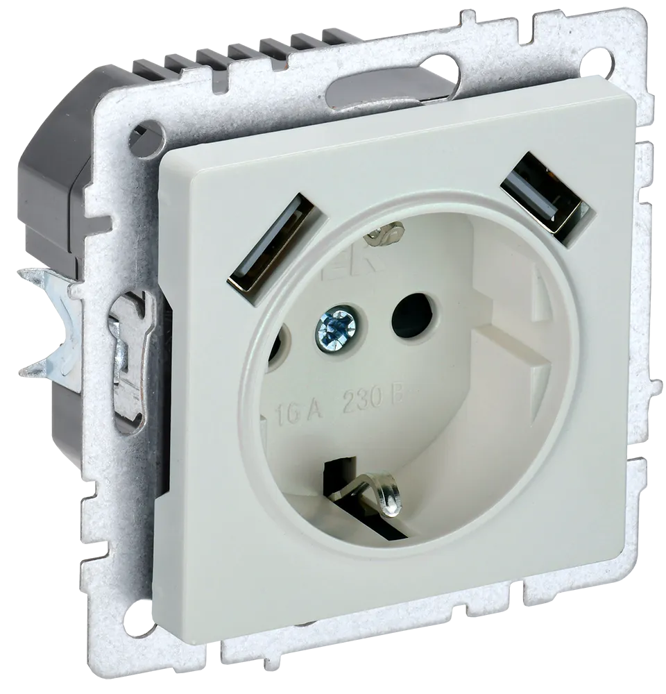 BRITE Розетка 1-местная с заземлением с защитными шторками 16А с USB A+A 5В 2,1А РЮш10-1-БрЖ жемчуг IEK BR-R14-16-U21-D21-K36