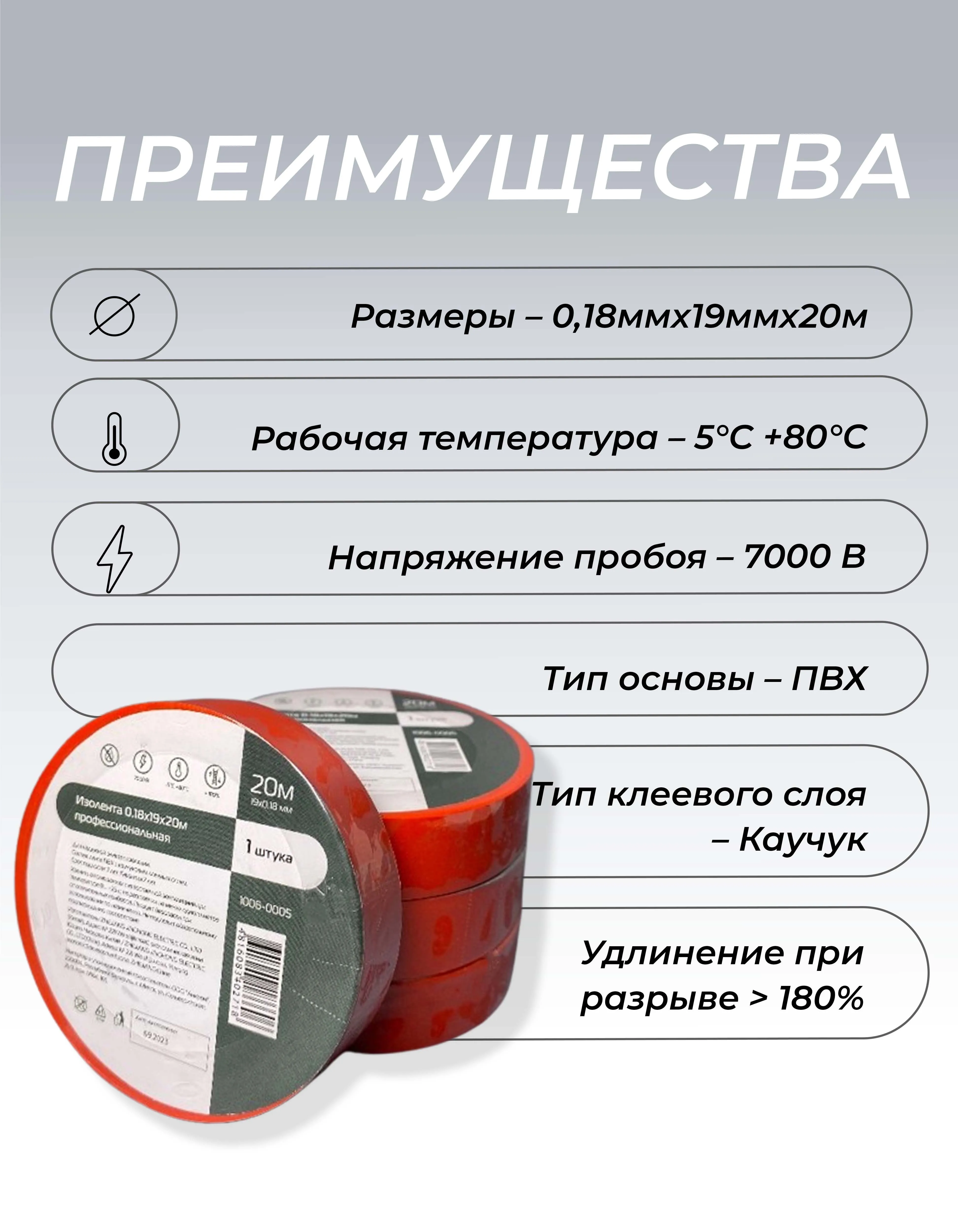 Изолента ПВХ 0,18х19мм, 20м профессиональная красная (5шт/уп) DEKRON - Фото 2