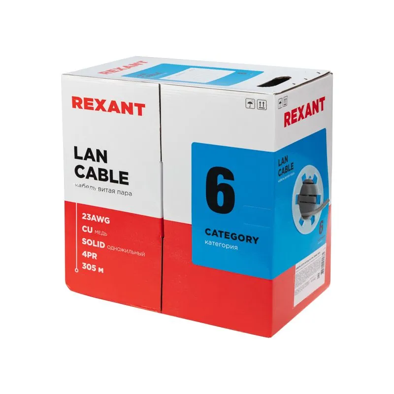 Кабель витая пара U/UTP, CAT 6, ZH нг(А)-HF, 4PR, 23AWG, INDOOR, SOLID, серый, 305 м, REXANT - Фото 2