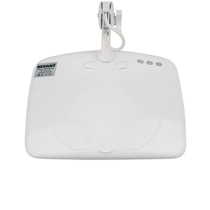 Лупа на струбцине квадратная 5D с подсветкой 60 SMD LED, сенсорный регулятор яркости, 190х157мм, белая REXANT - Фото 5