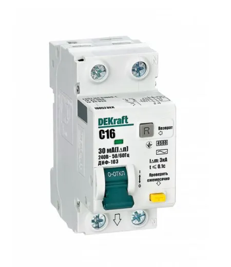 Выключатель автоматический дифференциального тока 2п (1P+N) C 16А 30мА тип AC 4.5кА ДИФ-103 DEKraft  1578603