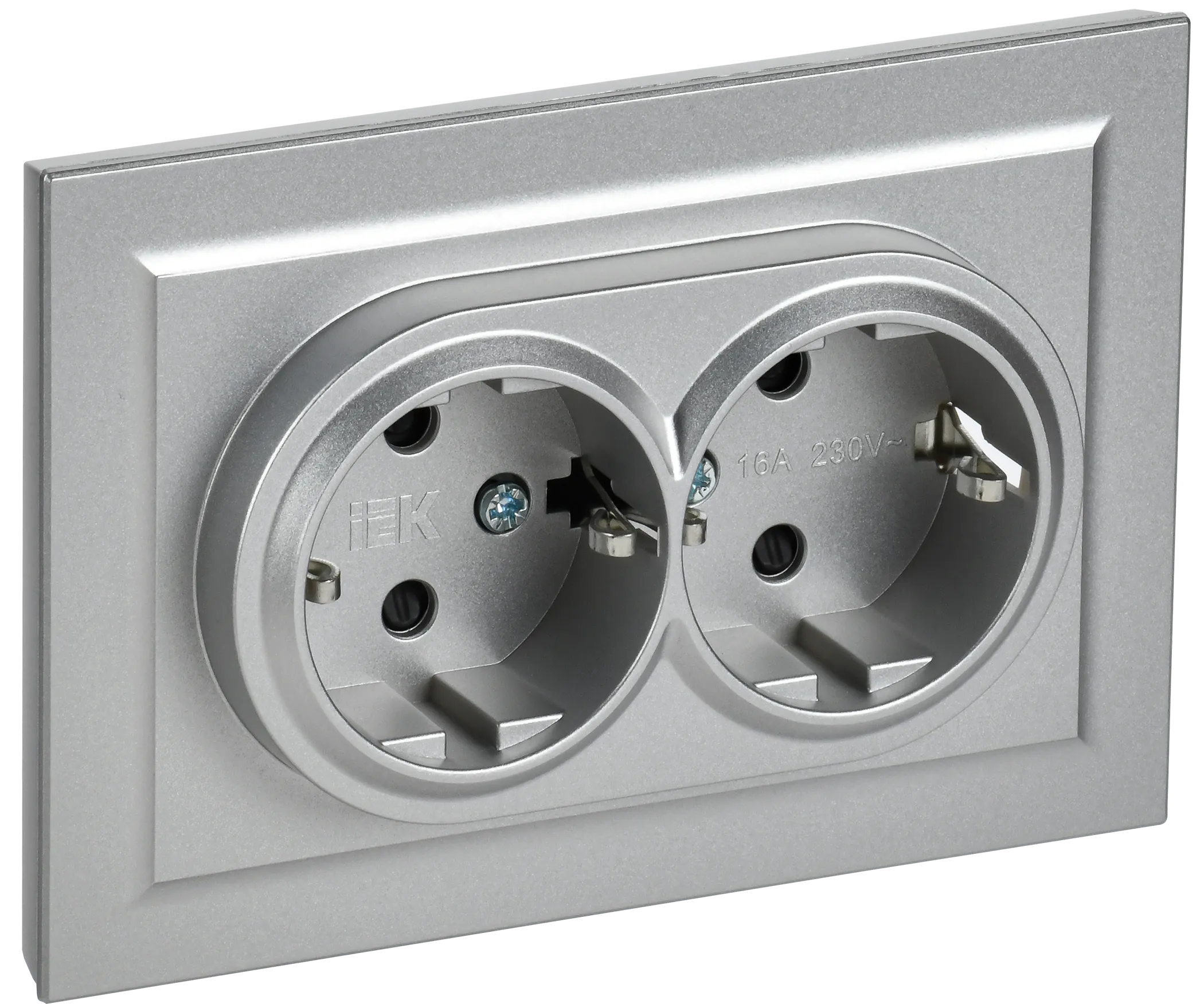 BRITE Розетка 2-местная с заземлением с защитными шторками 16А в сборе РСш12-3-БрА алюминий IEK