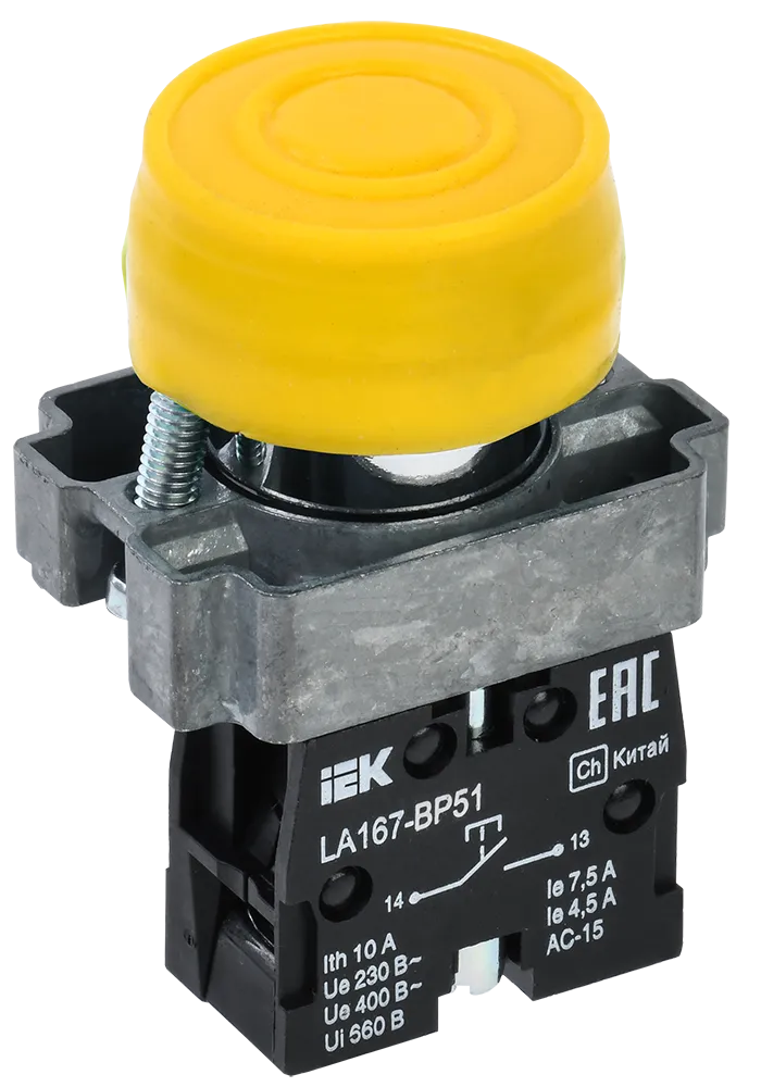 Кнопка управления LA167-BP51 d=22мм 1з желтая IEK