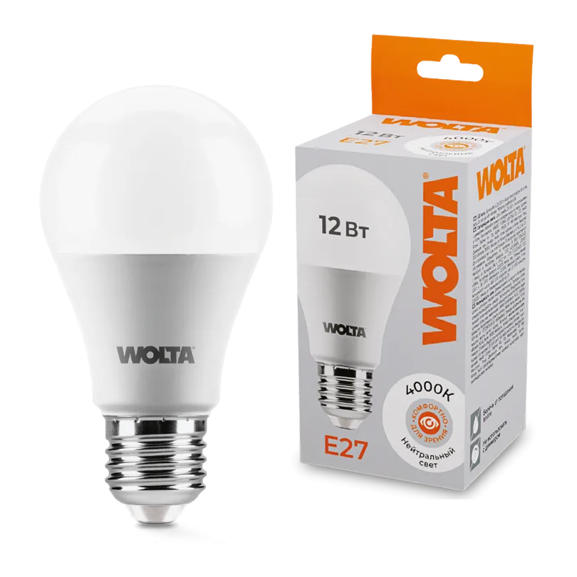 Лампа светодиодная "Груша" A60 12Вт 1000лм 4000К Е27 (50шт/уп) WOLTA