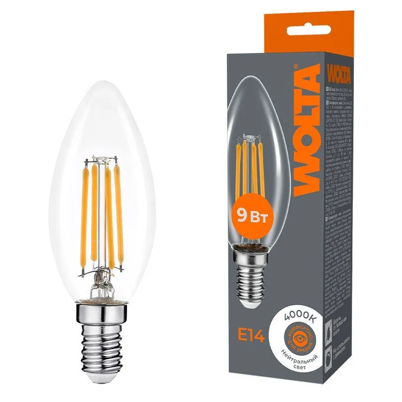 Светодиодная лампа WOLTA Filament, AC 220-240В, 50/60 Гц, прозрачное стекло, "Свеча", C35, E14, 9 Вт, 810 лм, 4000 К, 1/10/100 WF-C35-9W4KE14