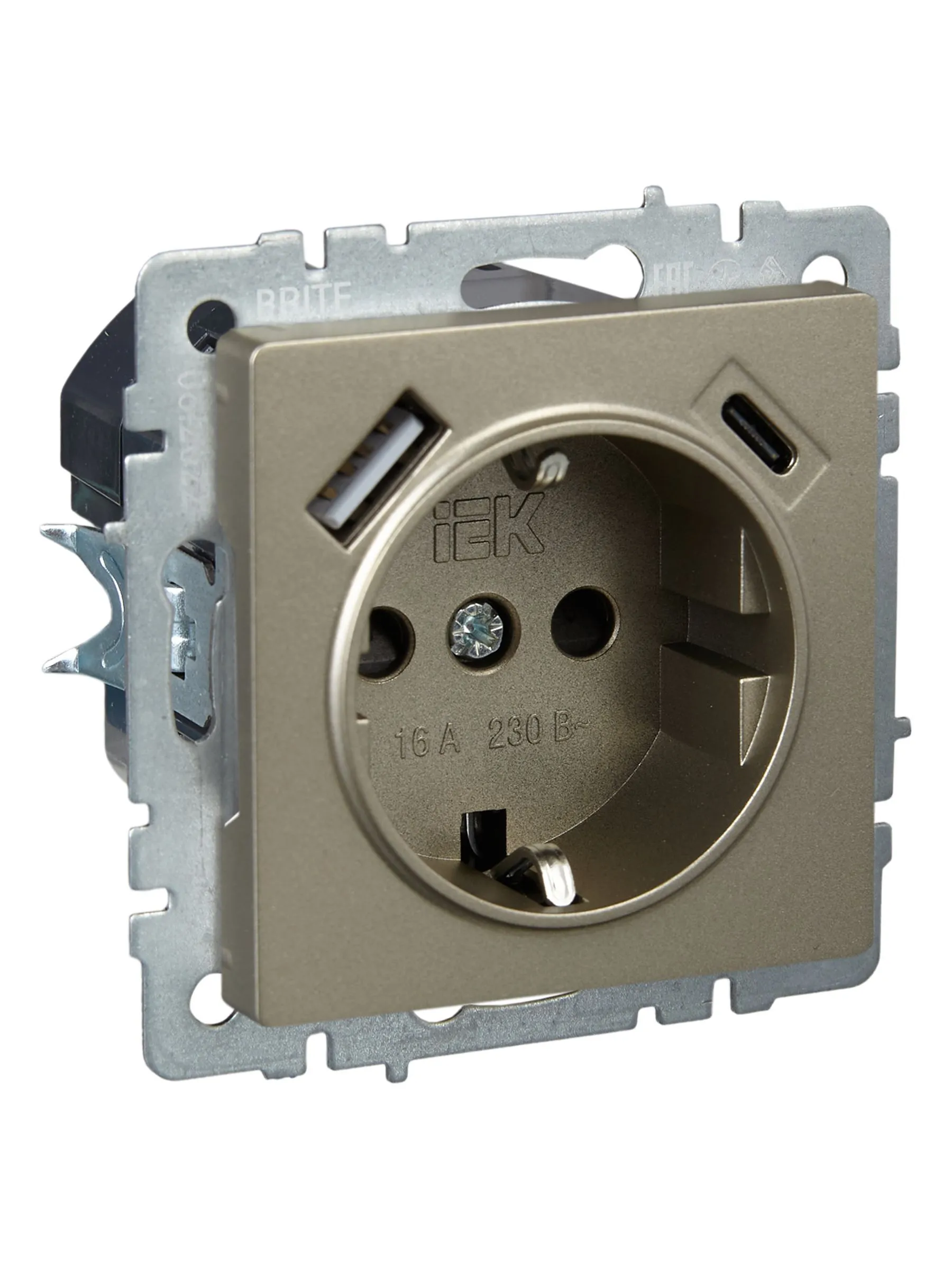 BRITE Розетка 1-местная с заземлением с защитными шторками 16А с USB A+C 18Вт РЮш11-1-БрШ шампань IEK - Фото 3