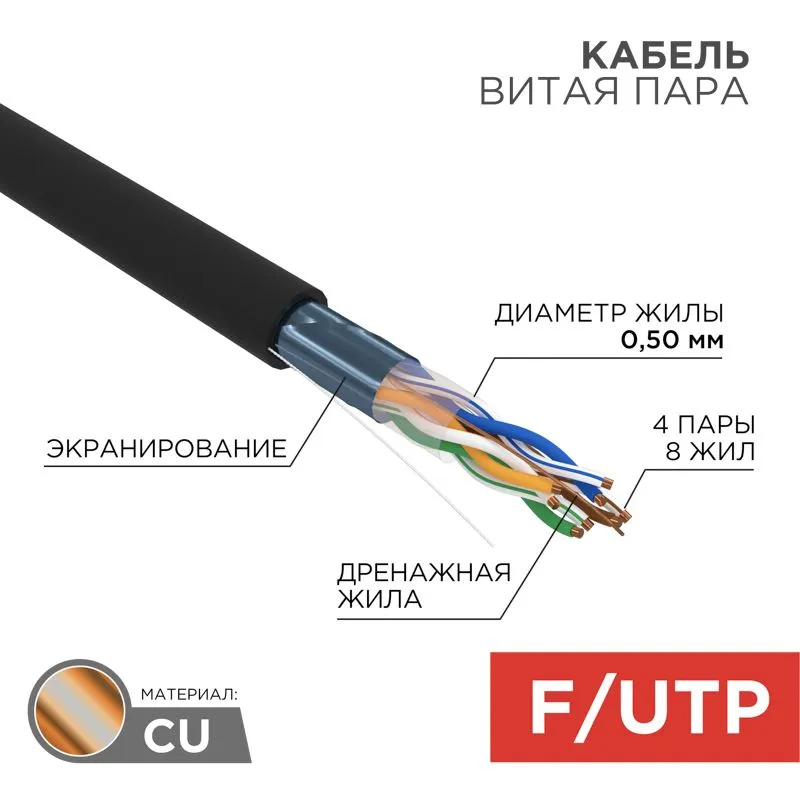 Кабель витая пара F/UTP, CAT 5e, PE, 4PR, 24AWG, OUTDOOR, SOLID, черный, 305м (коробка) REXANT 01-0146-1