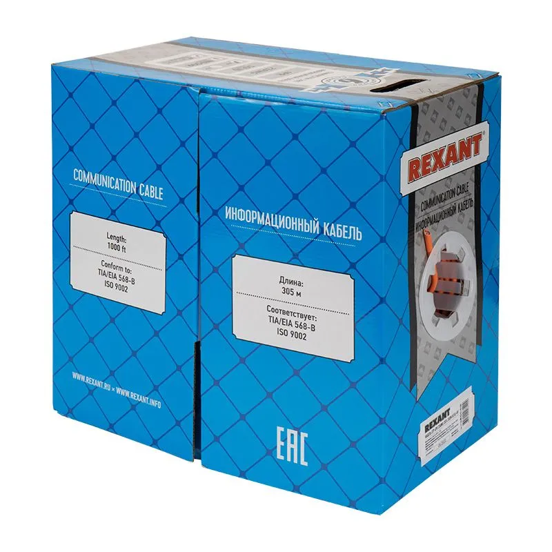 Кабель витая пара U/UTP, CAT 6, ZH нг(А)-HF, 4PR, 23AWG, INDOOR, SOLID, оранжевый, 305 м, REXANT - Фото 2