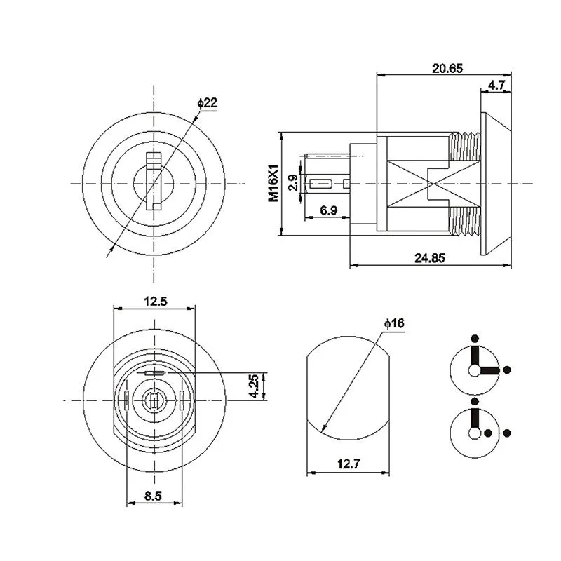 Переключатель ключ Ø16 250V 2А (3с) ON-ON (K16-05)  REXANT - Фото 5