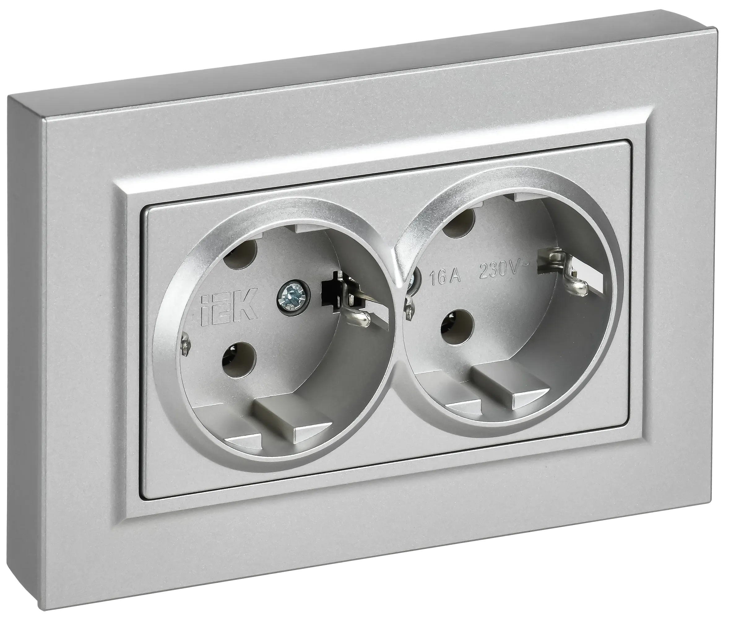 BRITE Розетка 2-местная с заземлением без защитных шторок плоская 16А в сборе РСПл12-3-БрА алюминий IEK