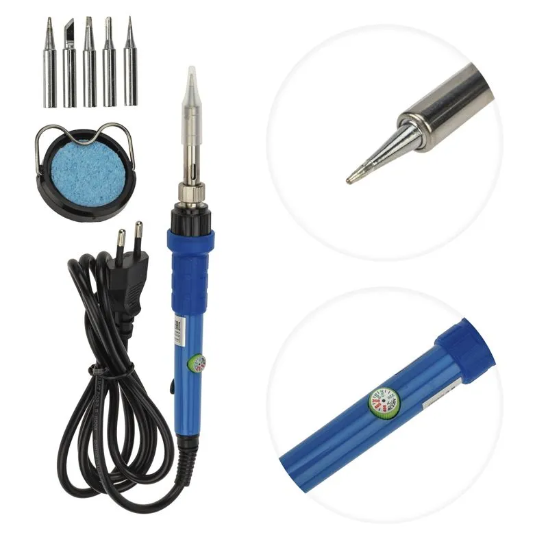 Набор для пайки (паяльник с керамическим нагревателем 60Вт, 220-480°C, подставка с губкой, набор из 5 жал) REXANT - Фото 3