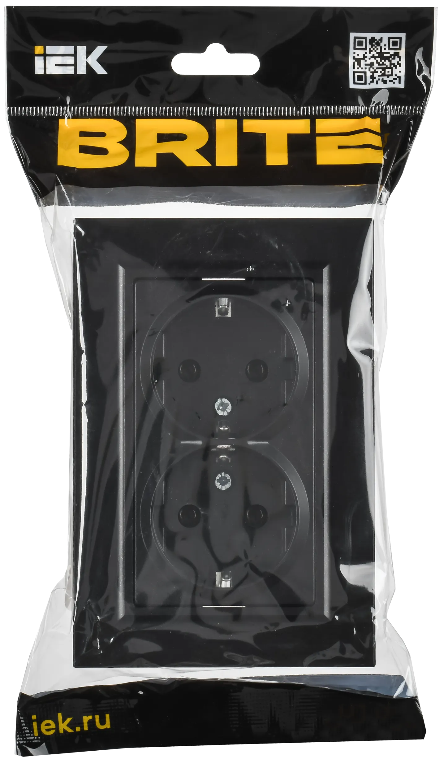 BRITE Розетка 2-местная с заземлением без защитных шторок плоская 16А в сборе РСПл12-3-БрЧ черный IEK - Фото 2