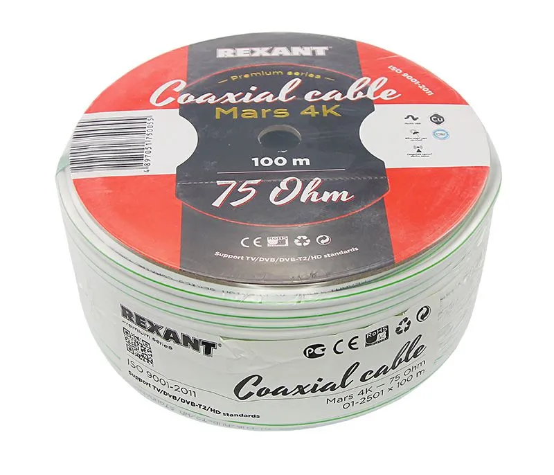 Кабель коаксиальный MARS 4K, Cu/Al/CuSn, 96%, 75Ом, 100м, INDOOR, белый REXANT - Фото 2