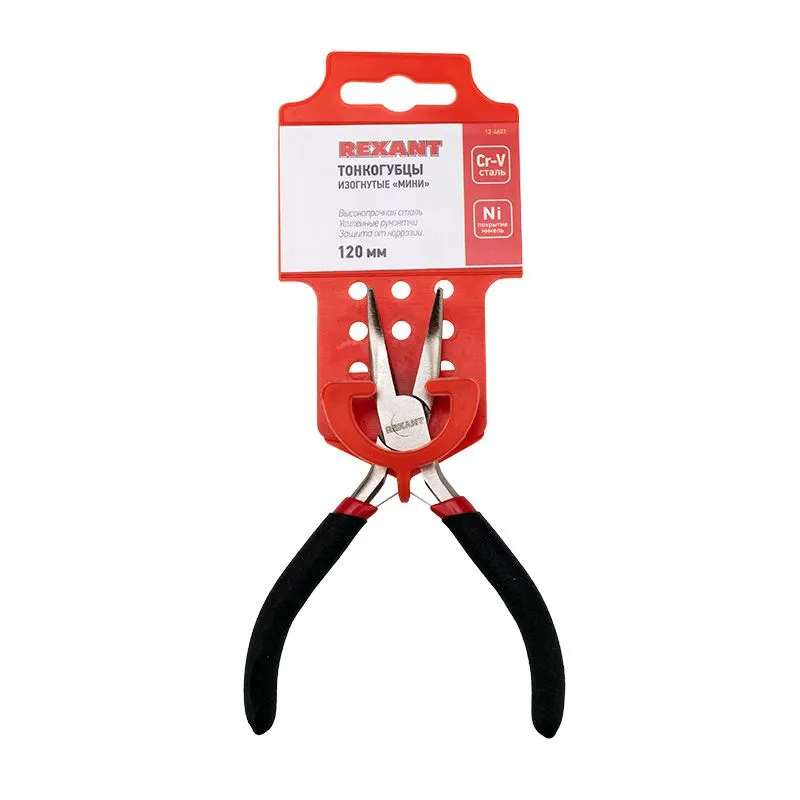 Тонкогубцы изогнутые мини 120мм никелированные, авторазжим, обливные рукоятки REXANT - Фото 2
