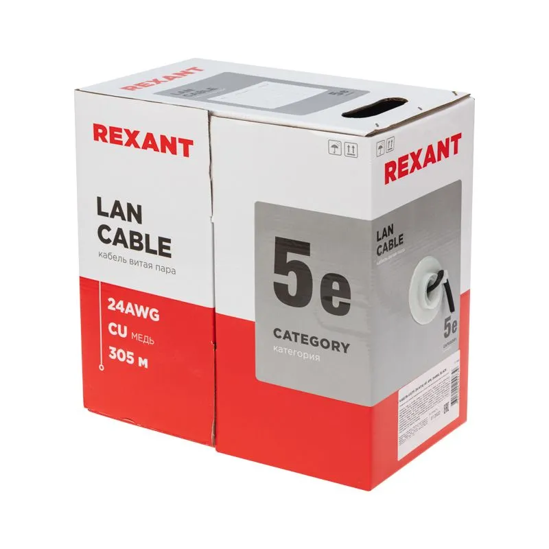 Кабель витая пара U/UTP, CAT 5e, ZH нг(А)-HF, 4PR, 24AWG, OUTDOOR, SOLID, черный, 305м, REXANT - Фото 2