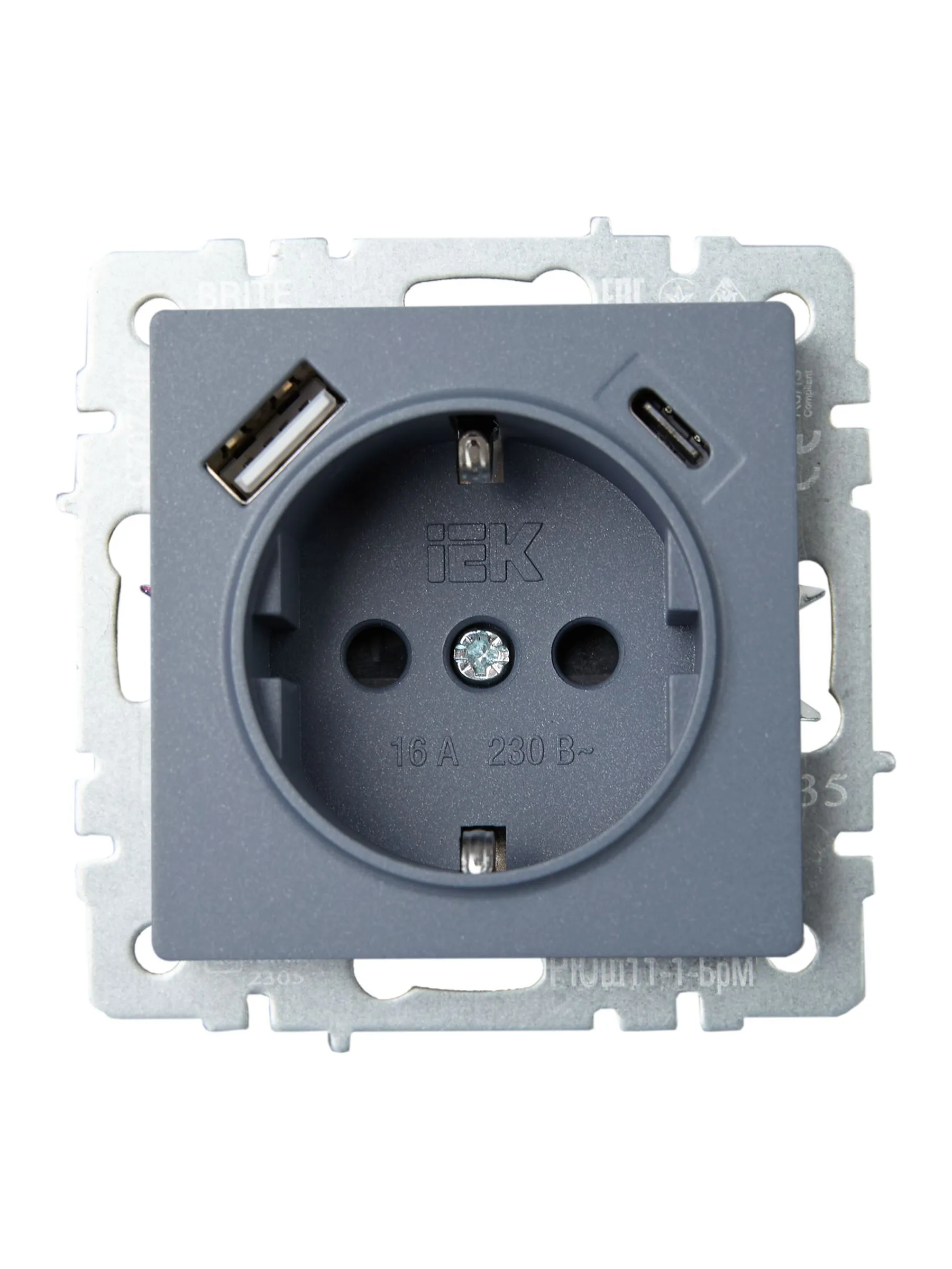 BRITE Розетка 1-местная с заземлением с защитными шторками 16А с USB A+C 18Вт РЮш11-1-БрМ маренго IEK - Фото 2