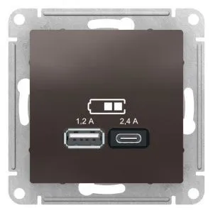 Розетка USB AtlasDesign тип A+C 5В/2.4А 2х5В/1.2А механизм мокко SE ATN000639 1340072
