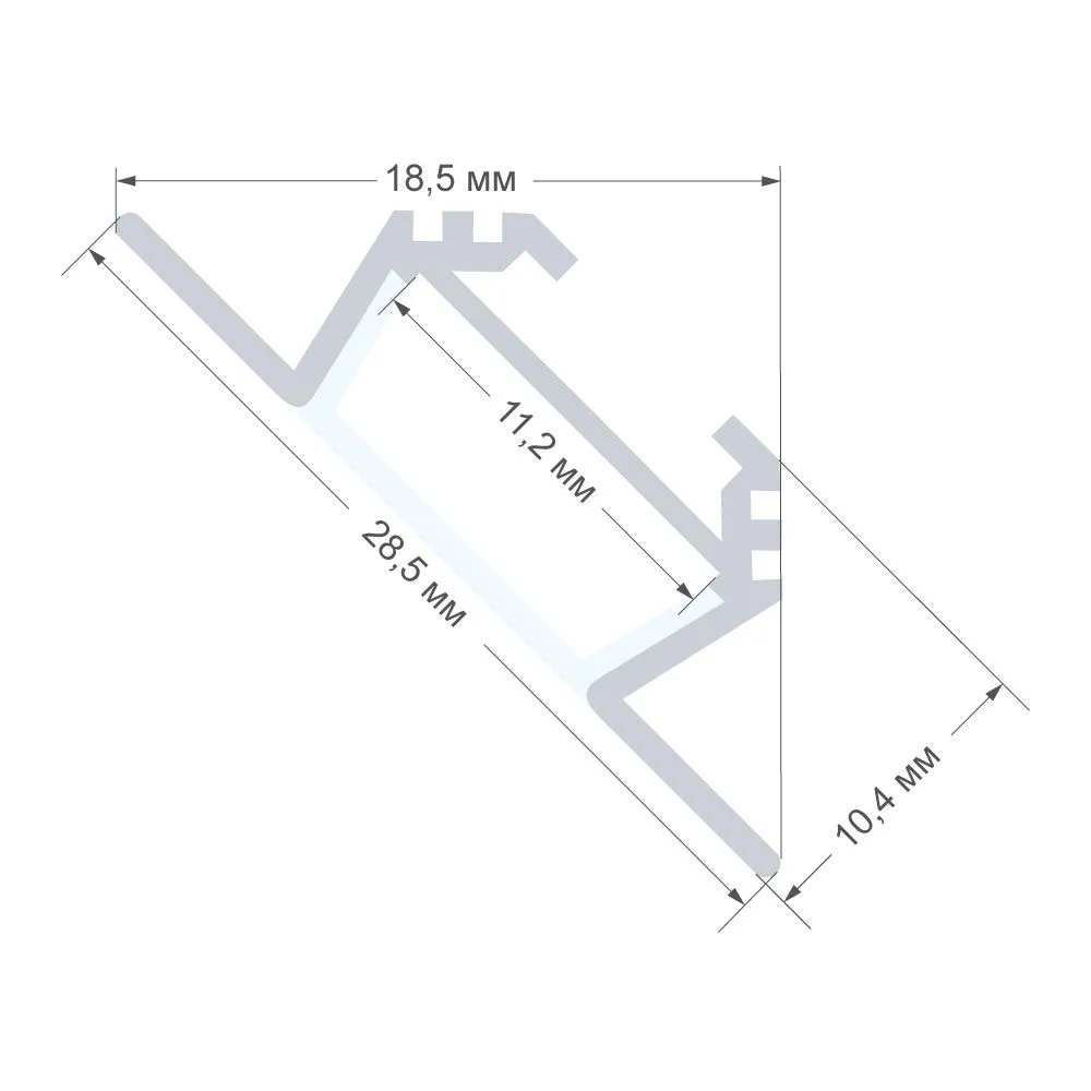 Профиль алюминиевый  угловой, накладной, серебро, 28,5х10,4мм, 2м, шир. ленты до 10мм (рассеиватель белый матовый, заглушки - 2шт.) - Фото 2