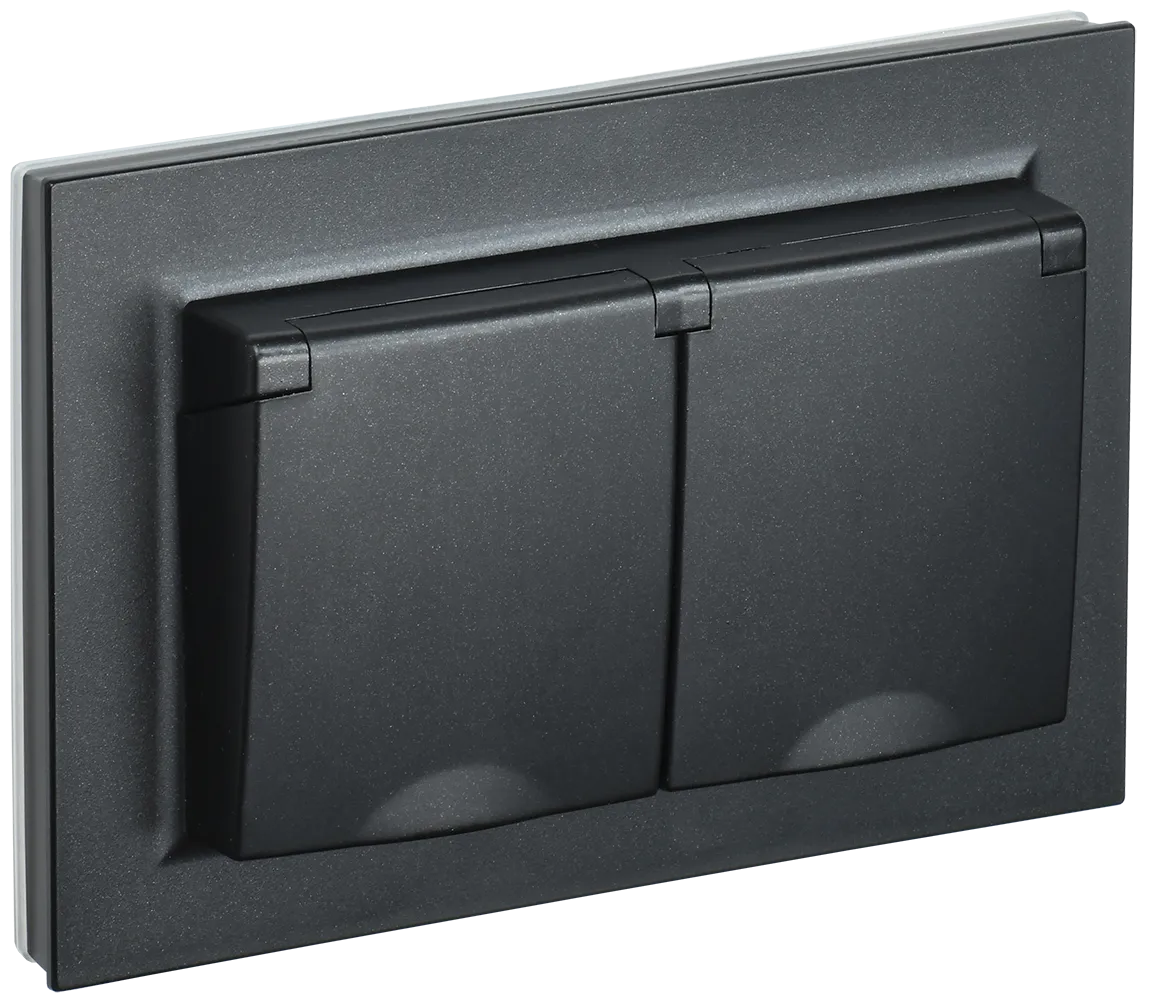 BRITE Розетка 2-местная с заземлением с защитными шторками и крышкой 16А в сборе IP44 РСбш12-3-44-БрЧ черный IEK BR-R26-16-44-K02-F