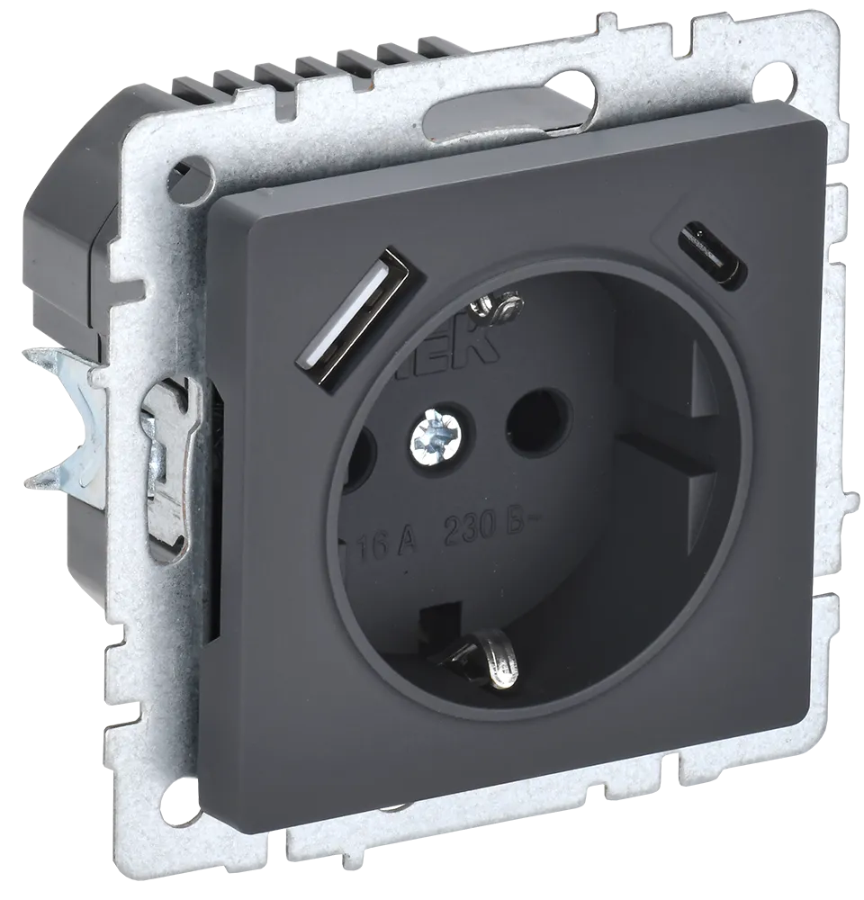 BRITE Розетка 1-местная с заземлением с защитными шторками 16А с USB A+C 18Вт РЮш11-1-БрГ графит IEK BR-R14-16-U22-018-K53