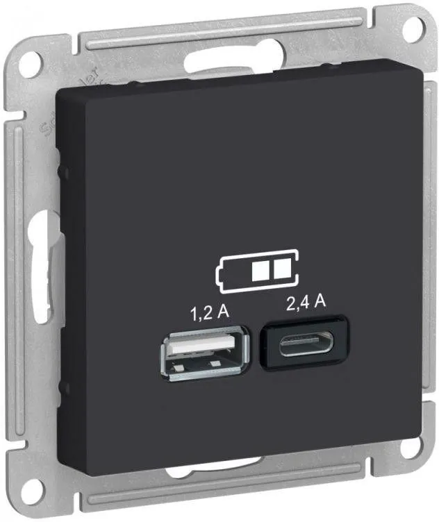 Розетка USB AtlasDesign тип A+C 5В/2.4А 2х5В/1.2А механизм карбон SE ATN001039