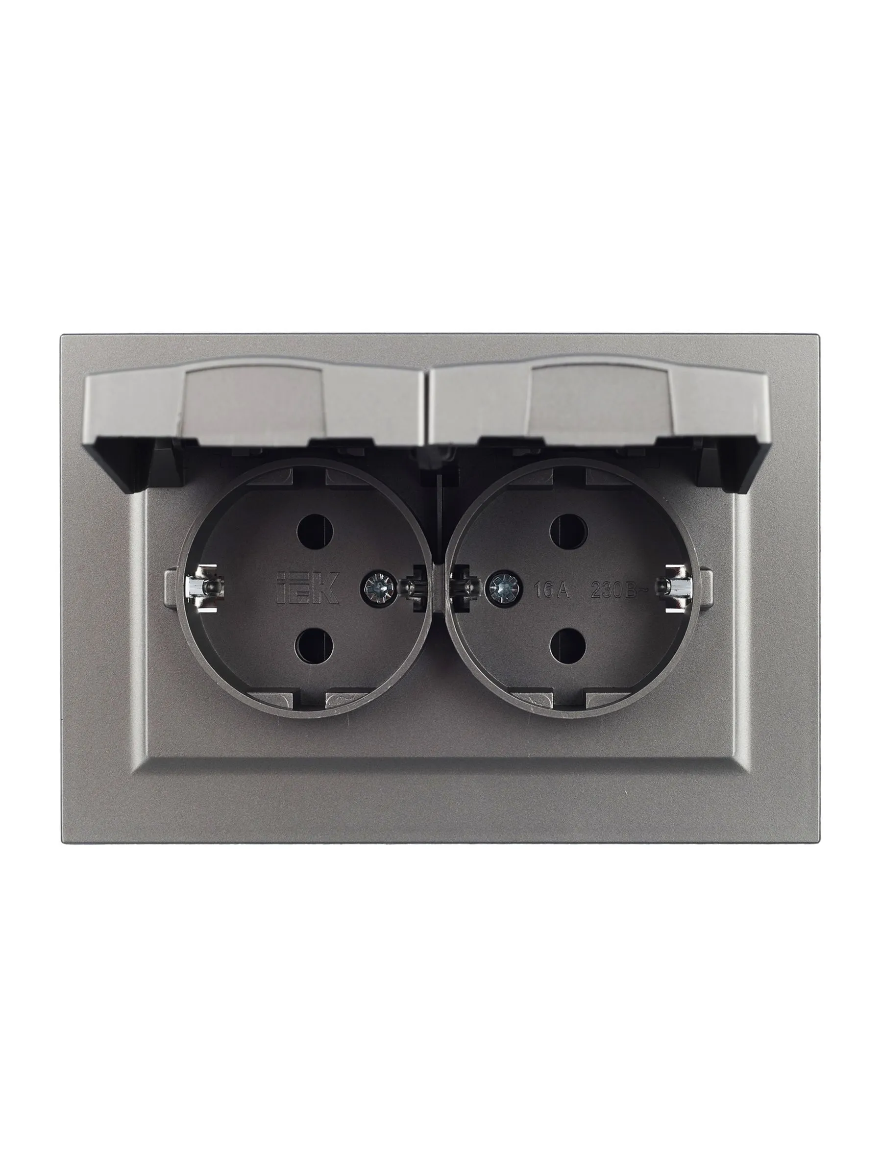 BRITE Розетка 2-местная с заземлением с защитными шторками и крышкой 16А в сборе IP44 РСбш12-3-44-БрС сталь IEK - Фото 2