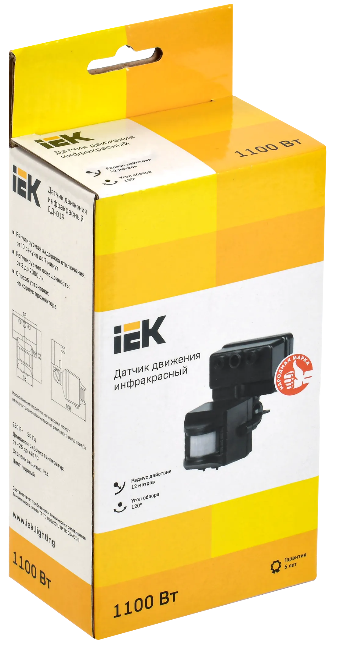 Датчик движения ДД-019 1100Вт 120град 12м IP44 черный IEK - Фото 2