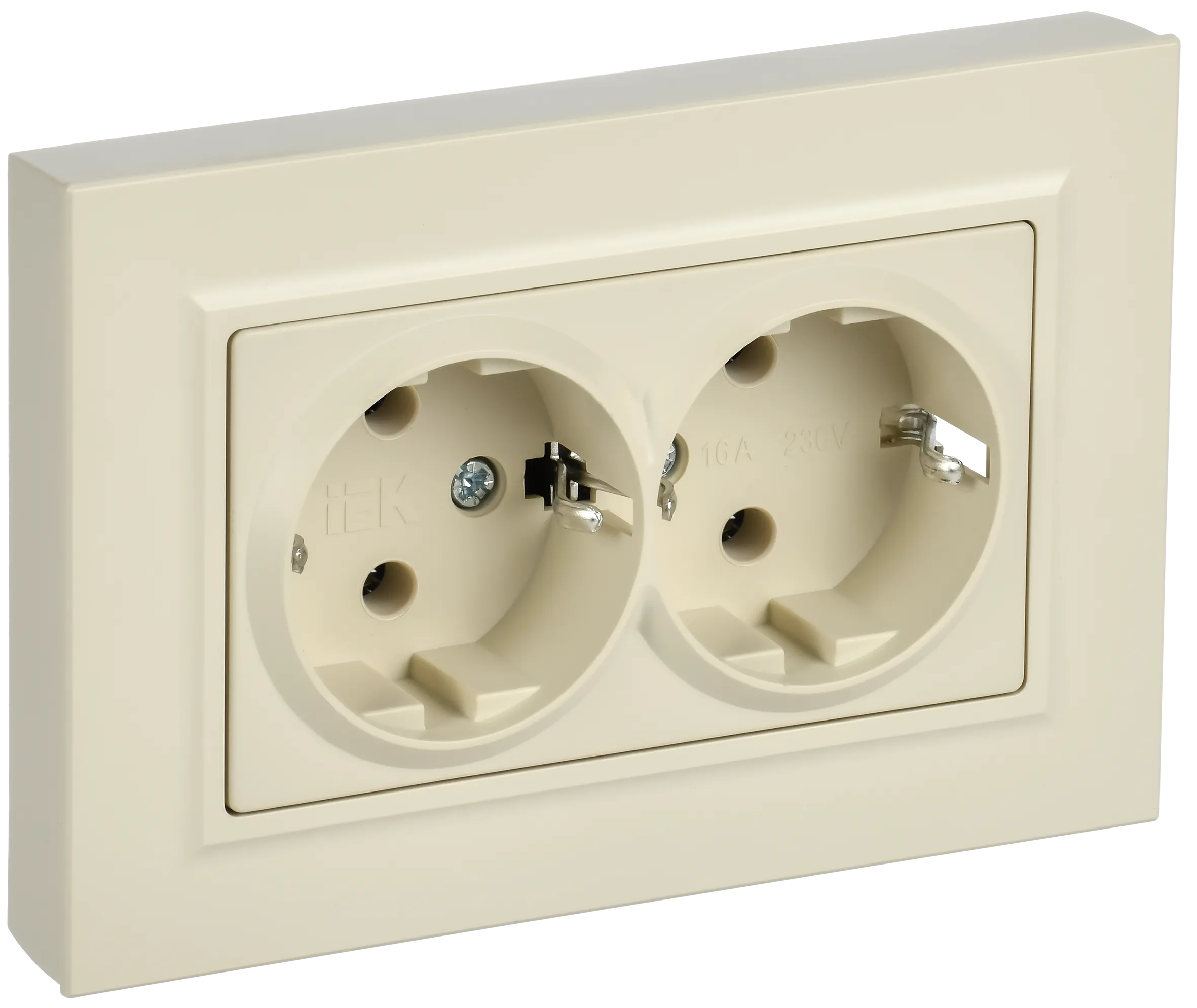 BRITE Розетка 2-местная с заземлением без защитных шторок плоская 16А в сборе РСПл12-3-БрКр бежевый IEK BR-R27-16-K10-F