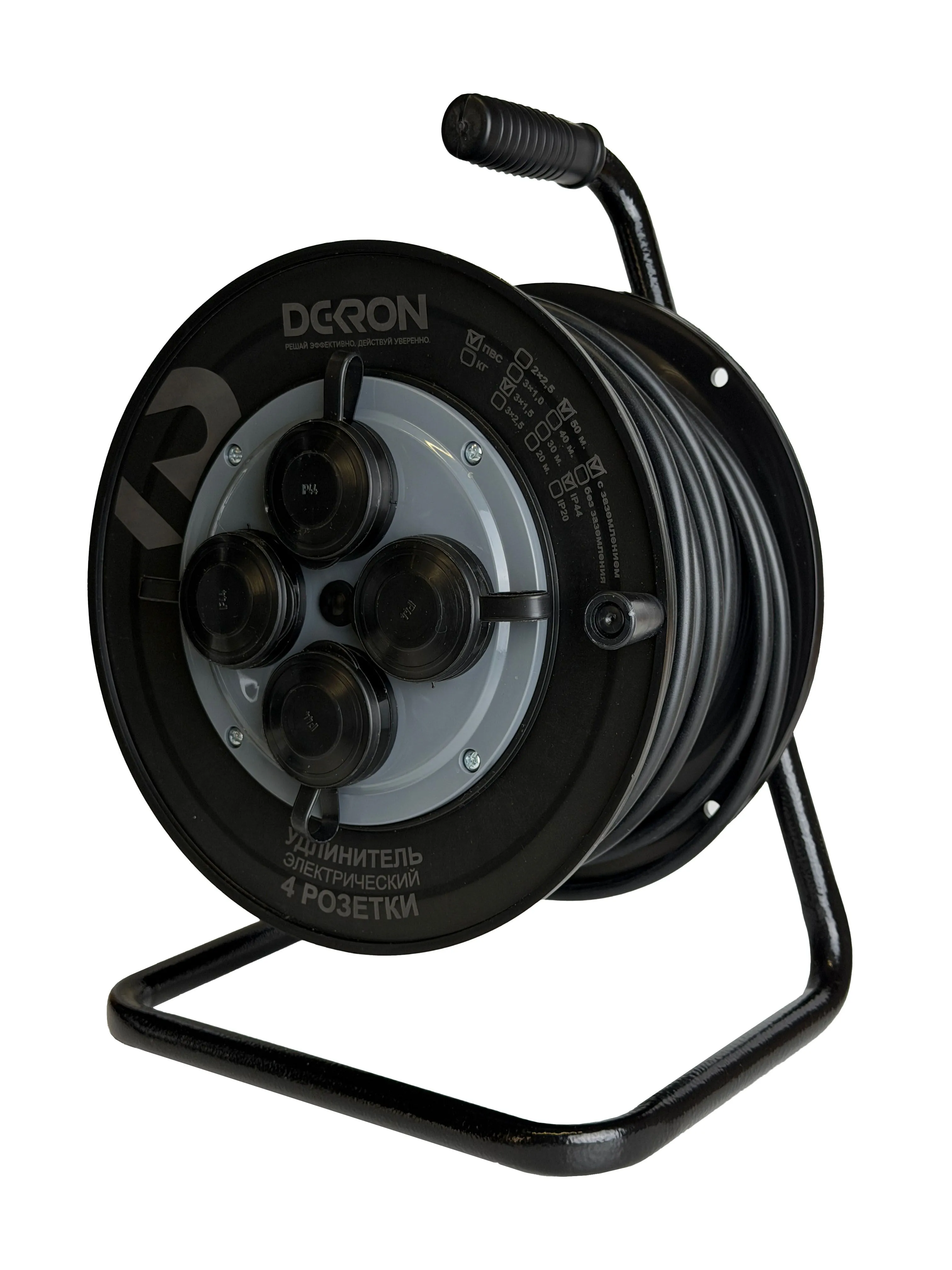 Удлинитель на катушке (пластик) УХз-16-4-50-К УХЛ2, 4 гнезда с заземлением и крышками, ПВС 3х1,5 50м, 16А, IP44 DEKRON - Фото 2