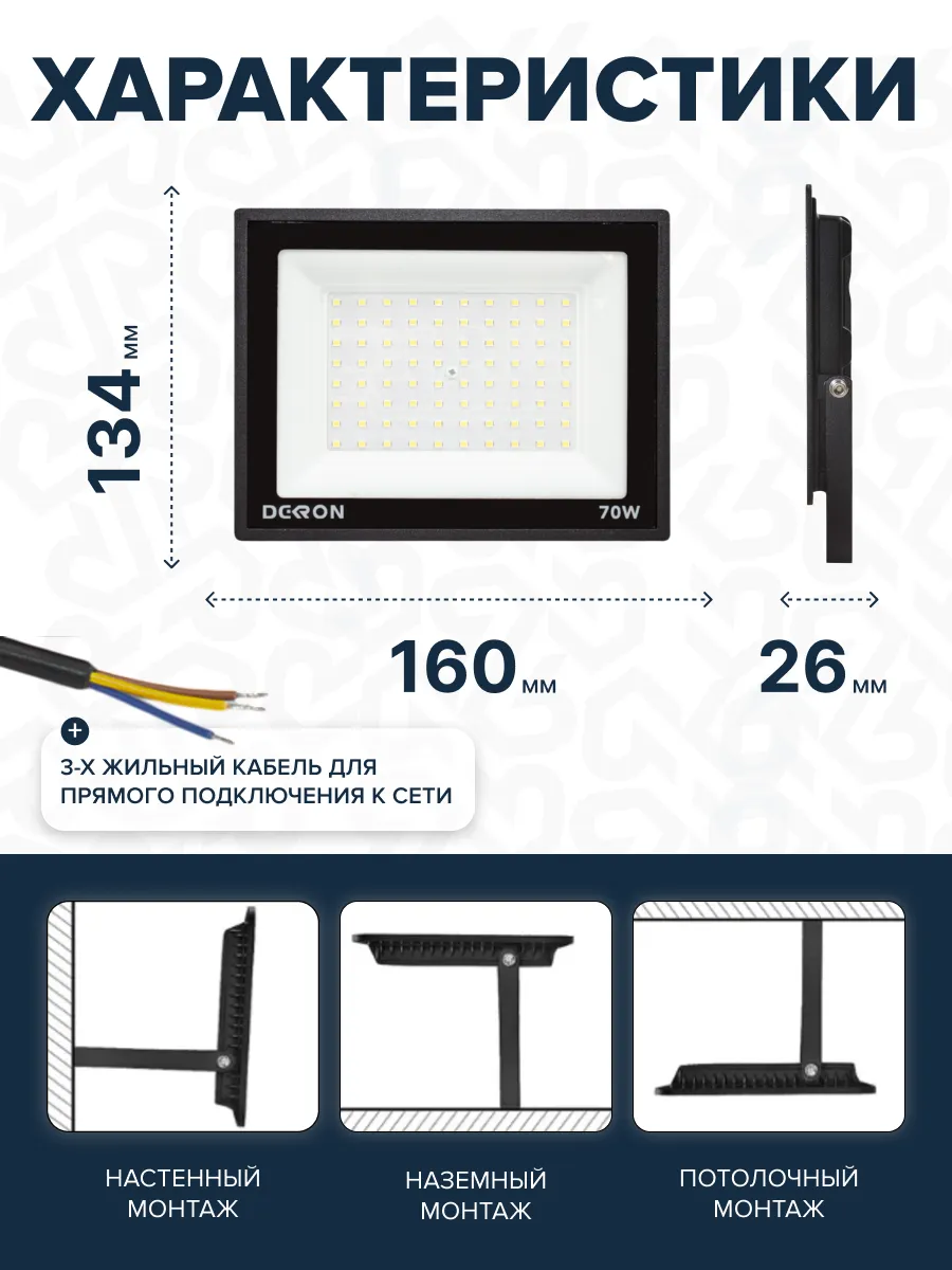 Прожектор светодиодный 70Вт, 5600лм, 6500K, черный, IP65  - Фото 13