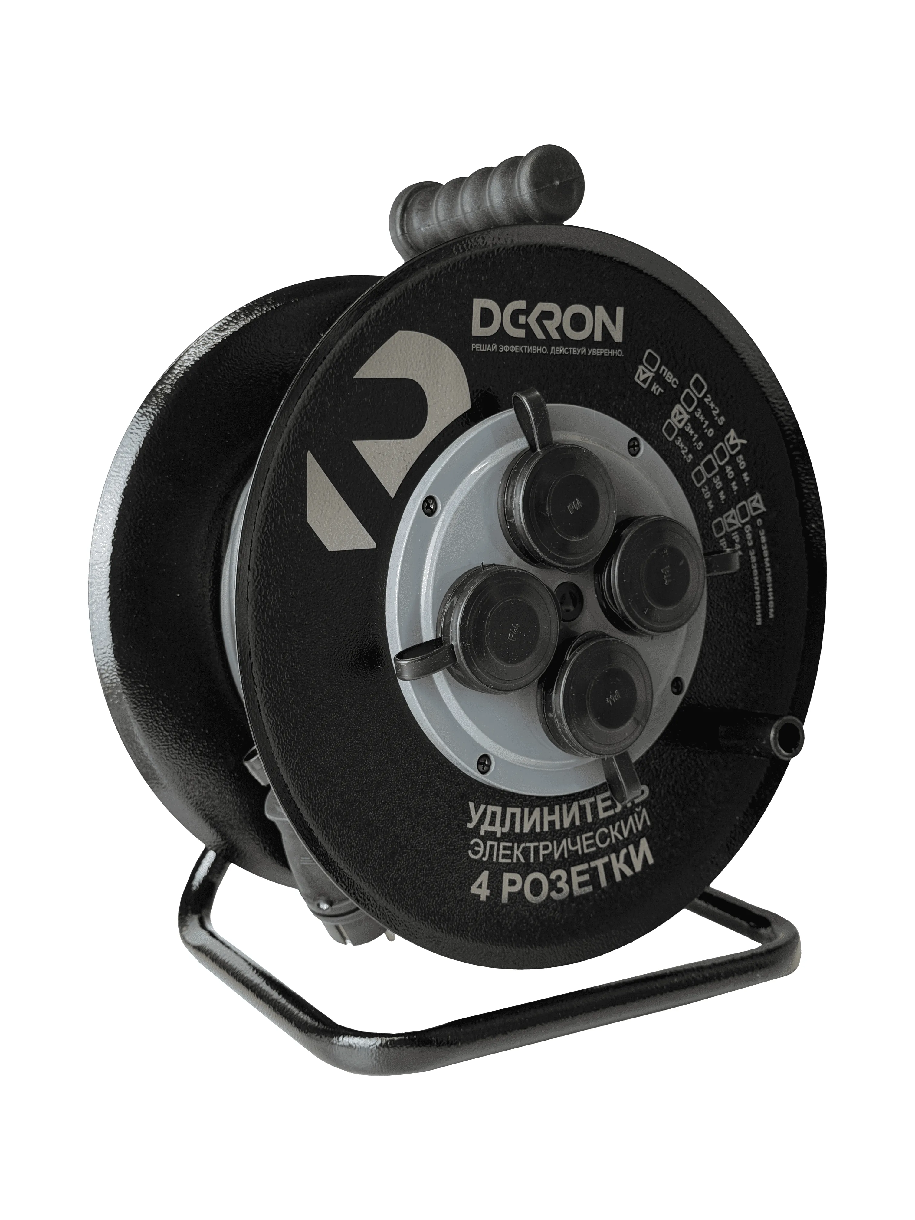 Удлинитель на катушке (металл) УХз-16-4-50-КМ УХЛ2, 4 гнезда с заземлением и крышками, КГ 3х1,5 50м, 16А, IP44 DEKRON - Фото 2