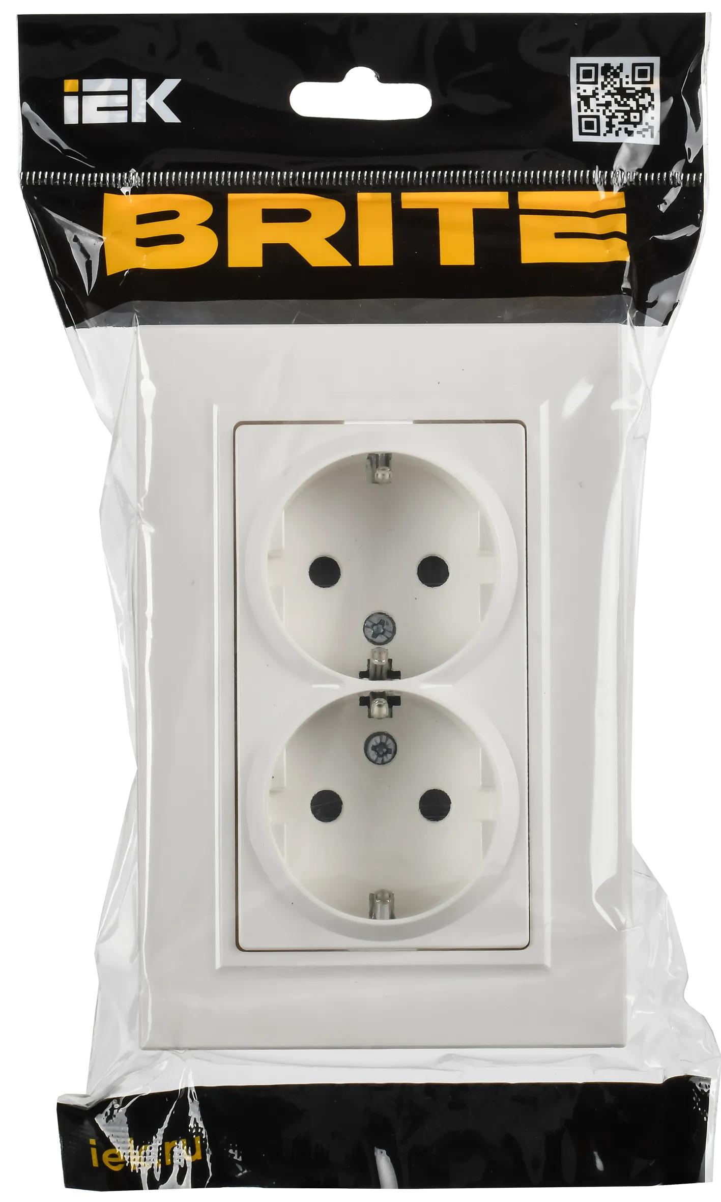 BRITE Розетка 2-местная с заземлением с защитными шторками плоская 16А в сборе РСшПл12-3-БрБ белый IEK - Фото 2