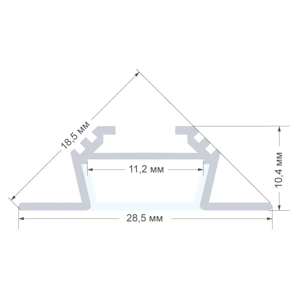 Профиль алюминиевый  угловой, накладной, серебро, 28,5х10,4мм, 1м, шир. ленты до 10мм (рассеиватель белый матовый, заглушки - 2шт.) - Фото 2