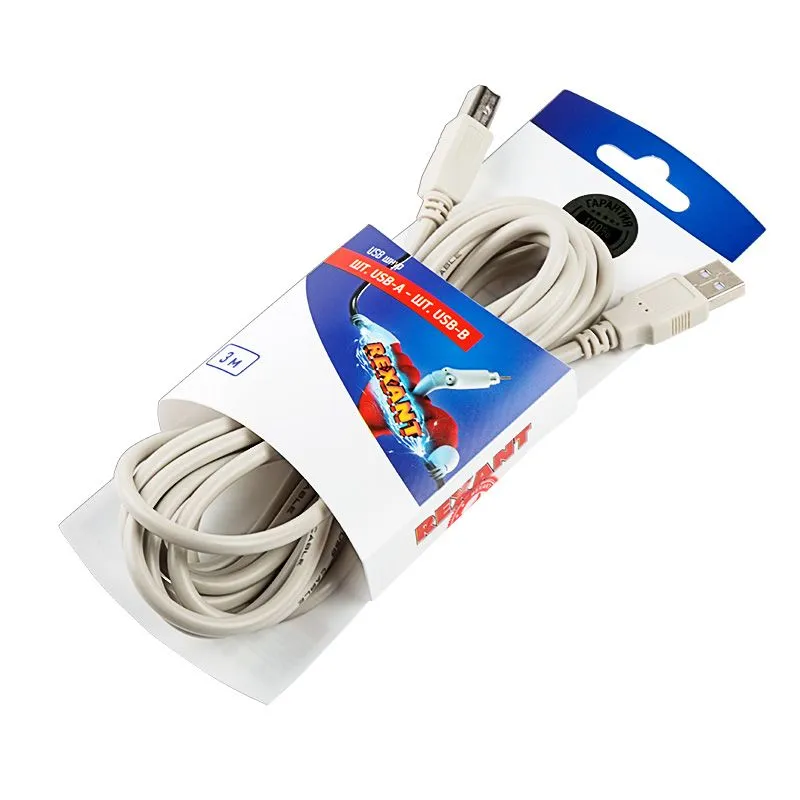 Кабель USB-А– USB-B, 2,4А, 3м, ПВХ, серый REXANT - Фото 2