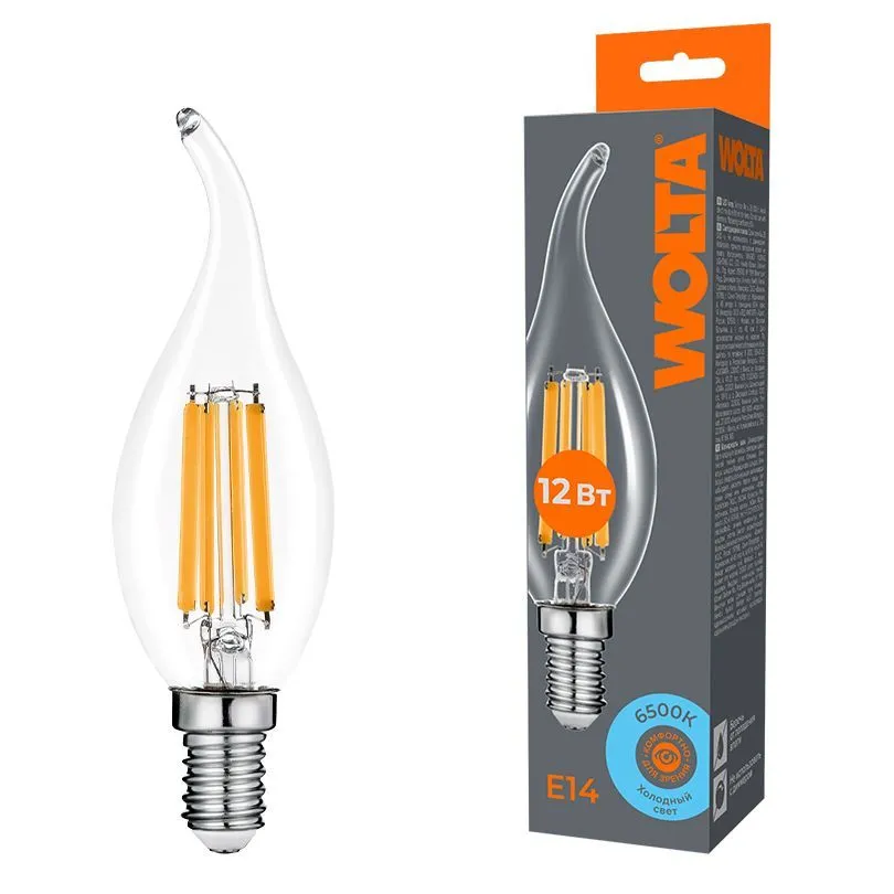 Светодиодная лампа WOLTA Filament, AC 210-240В, 50/60 Гц, прозрачное стекло, "Свеча на ветру", CT35, E14, 12 Вт 1050 лм, 6500 К, 1/10/100 WF-CT35-12W6KE14