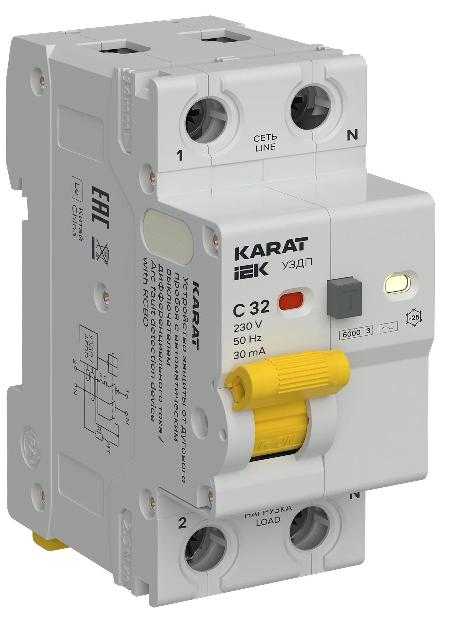 KARAT Устройство защиты от дугового пробоя с выключателем автоматическим дифференциального тока 1P+N C 32А 30мА тип AC IEK KA-DP12-1-032-C-030-AC