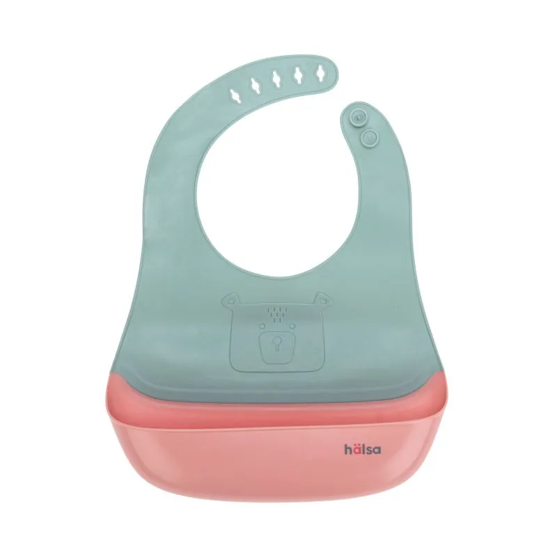 Фартук нагрудный для кормления с жестким карманом, зеленый с розовым HALSA