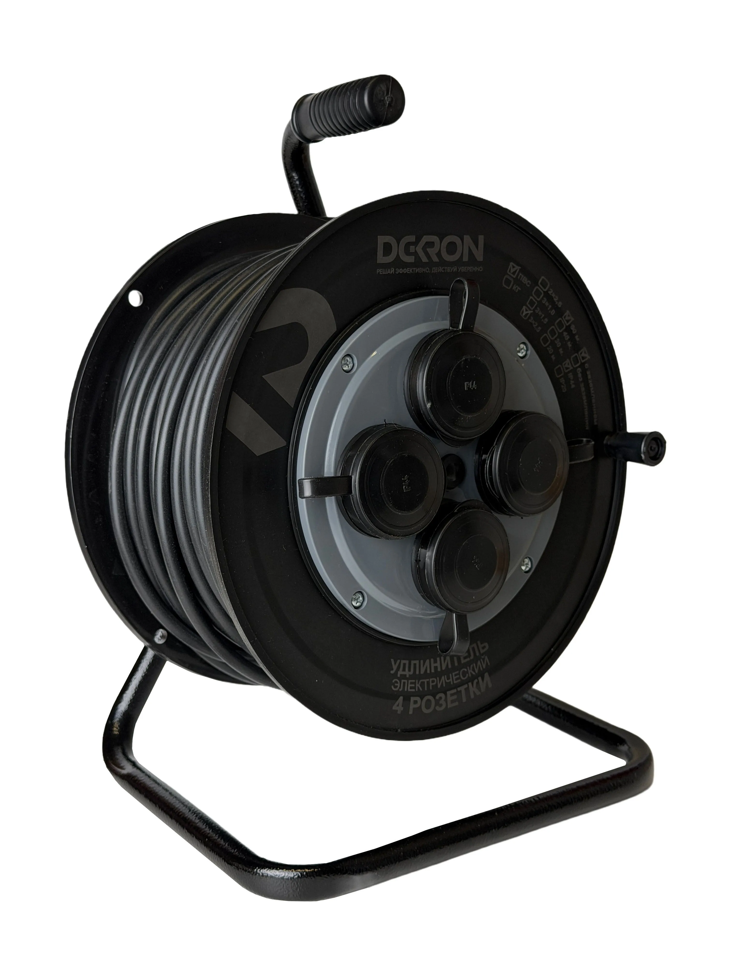 Удлинитель на катушке (пластик) УХз-16-4-50-К УХЛ2, 4 гнезда с заземлением и крышками, ПВС 3х2,5 50м, 16А, IP44 DEKRON DEK0906-0024