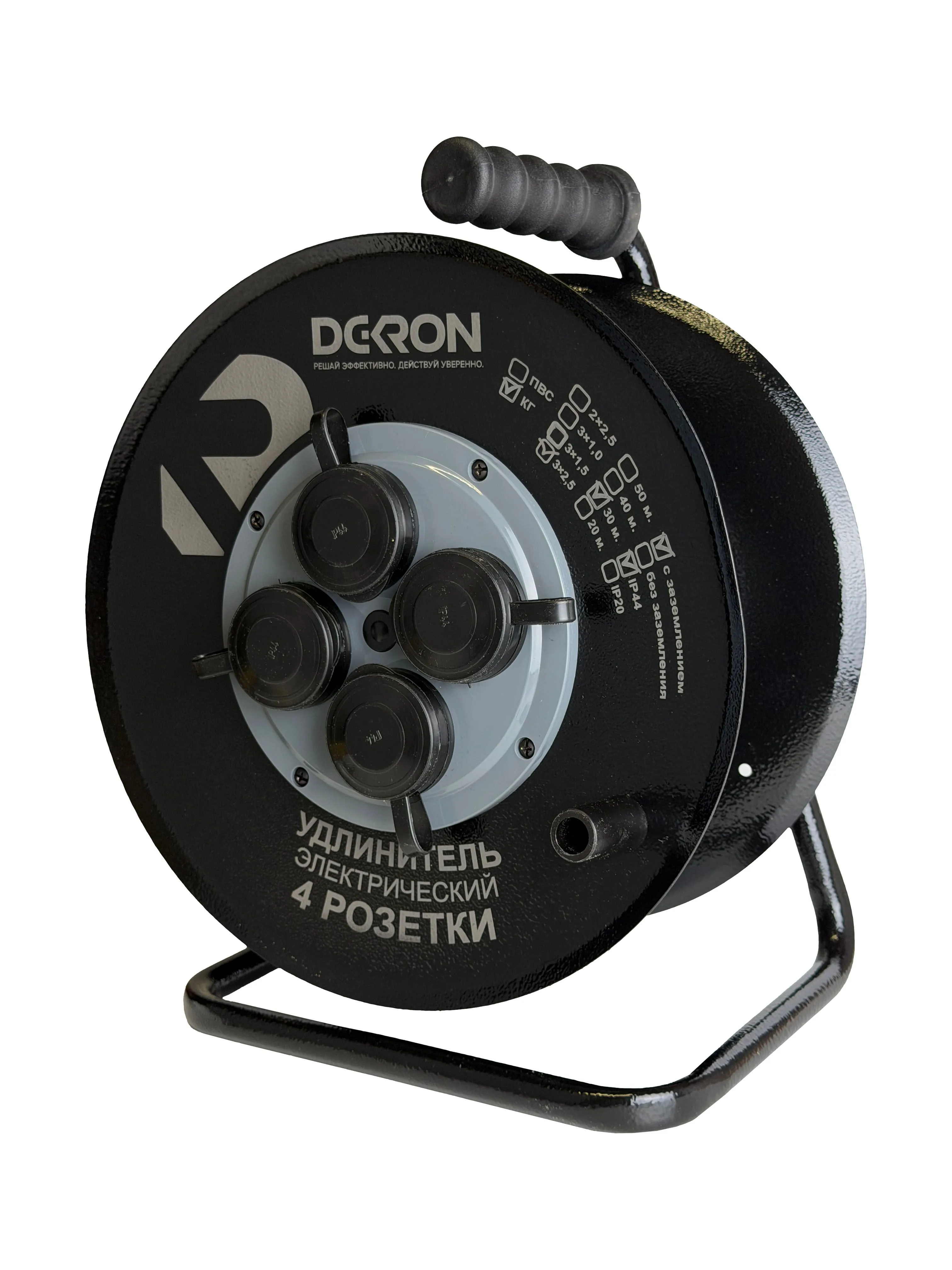 Удлинитель на катушке (металл) УХз-16-4-30-КМ УХЛ2, 4 гнезда с заземлением и крышками, КГ 3х2,5 30м, 16А, IP44 DEKRON - Фото 3
