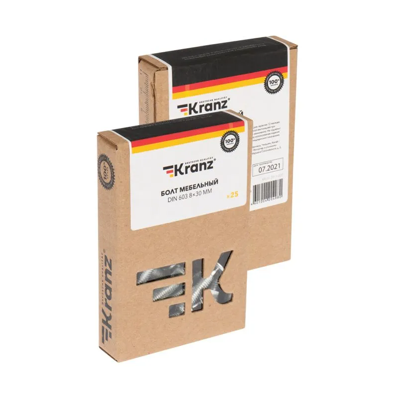 Болт мебельный DIN 603, 8,0х30мм, короб (25 шт/уп) KRANZ - Фото 3