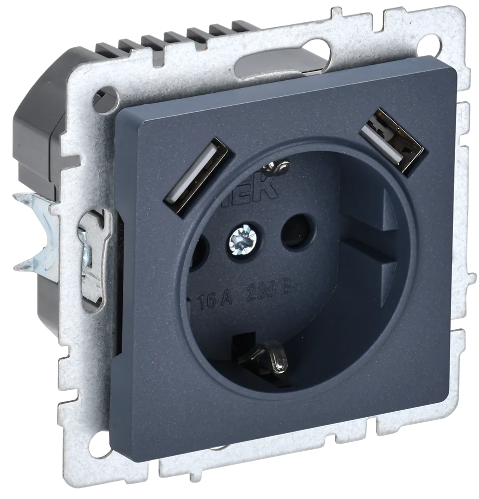 BRITE Розетка 1-местная с заземлением с защитными шторками 16А с USB A+A 5В 2,1А РЮш10-1-БрМ маренго IEK BR-R14-16-U21-D21-K35